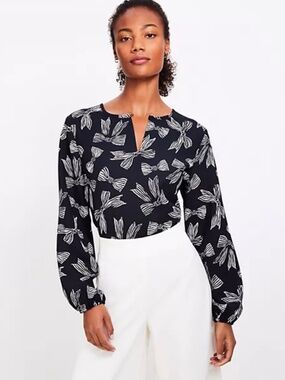 LOFT Black Butterfly Print Blouse Long Sleeve Split Neck Size S
